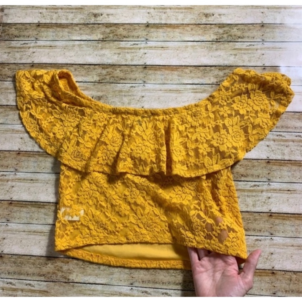 mustard off the shoulder crop